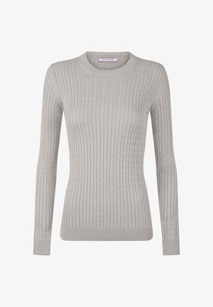 Lysegrå sweater i kabelstrik med lange ærmer, rund halsudskæring samt ribstrikkede manchetter og kant, mærket Felix Hardy.