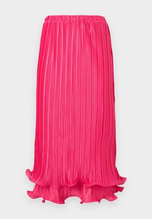 Jupe midi plissée rose vif avec taille élastique et détail d'ourlet ondulé, suspendue sur un fond blanc.