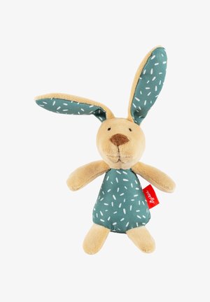 Soft beige plush bunny with teal fabric patterned ears and body, small black eyes, brown nose, and red brand tag on the side.