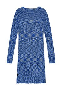 Pitkähihainen mekko eri sinisten sävyjen yhdistelmässä, jossa on teksturoitu neulekuvio ja pyöreä pääntie. Reunassa on sahalaita.