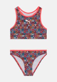 To-delt badedrakt med en crop top og bikini-bunn. Laget av elastisk stoff med et flerfarget logo-trykk og rosa kanter.