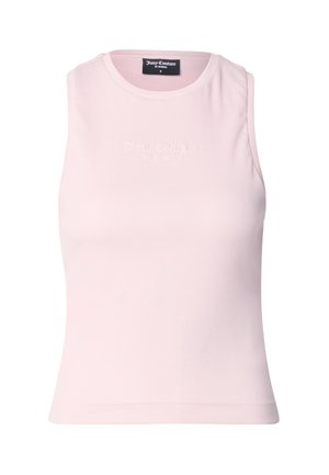 Ljusrosa ärmlös topp av ribbad tyg, med rund halsringning och diskret präglad logotyp framtill.