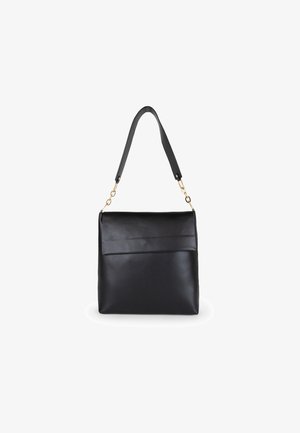 Black leather shoulder bag with a flat front flap, gold hardware accents, and a dual strap for carrying. Smooth texture and rectangular shape.
