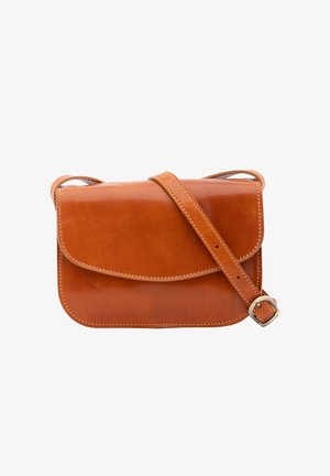 Helle Leder-Crossbody-Tasche mit Klappverschluss, verstellbarem Gurt und kontrastierenden Nähten. Glatte Textur mit abgerundeten Ecken.