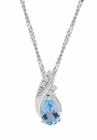 Hõbedast ripatsiga kaelakee, millel on pirnikujuline hele sinine vääriskivi, kaunistatud väikeste läbipaistvate kivikestega keerutavas mustris.