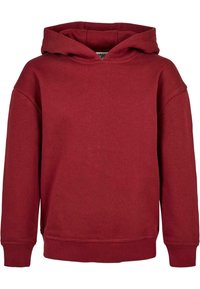 Bordeauxfarbenes Kapuzensweatshirt mit langen Ärmeln, gerippten Bündchen und Saum, aus weichem Material für legere Kleidung.
