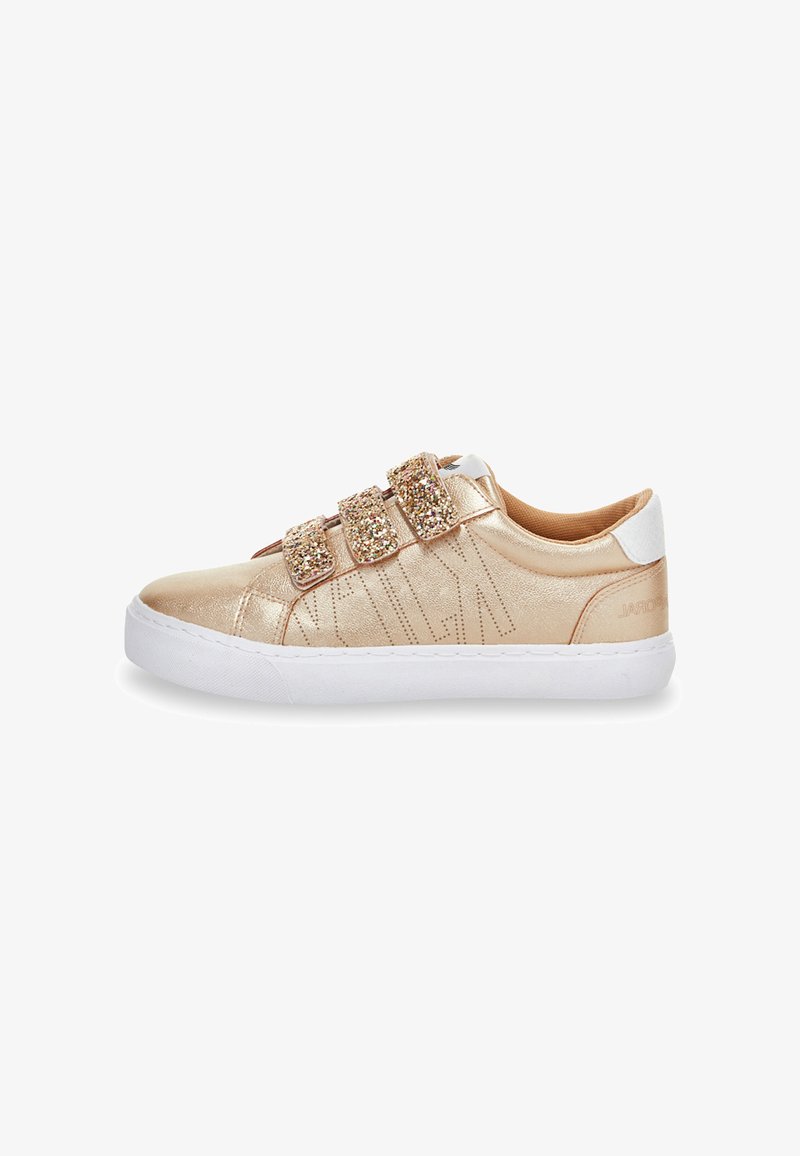 Metallic gold sneakers with three glittery Velcro straps, white rubber sole, textured upper, and subtle stitching details.
