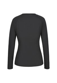 Langärmliges schwarzes Hemd mit einem schlichten Design, glatter Textur und rundem Ausschnitt. Verfügt über Raglanärmel und eine figurbetonte Silhouette.