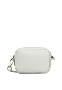 Borsa a tracolla rettangolare bianca in pelle con superficie testurizzata, chiusura con zip e tracolla regolabile. Include dettagli in metallo color argento.