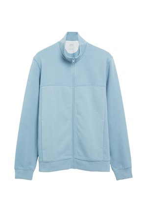 Hellblaue Jacke mit durchgehendem Reißverschluss, langen Ärmeln, Stehkragen und Seitentaschen, auf weißem Hintergrund dargestellt.