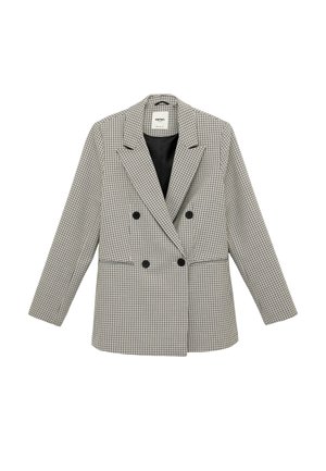 Blazer de mujer cruzado con patrón de cuadros en blanco y negro, solapas con muesca, cuatro botones negros y dos bolsillos delanteros.