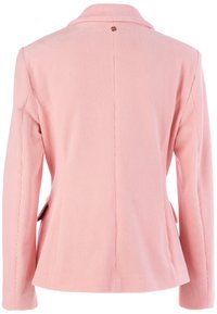 Heller rosa Cord-Jacke mit einem aufgeschlagenen Kragen, Rückenventilation, goldenen Hardware-Akzenten und seitlichen Taschen. Strukturierter Stoff mit vertikalen Streifen.