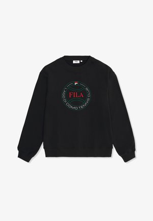 Felpa nera in misto cotone, con scollo rotondo, maniche lunghe e un grande logo Fila rosso e verde sul petto.