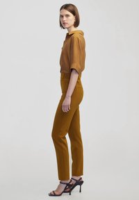 Braunes Kurzarmhemd mit Kragen, kombiniert mit senfgelben Slim-Fit-Hosen. Schwarze Riemchen-Stilettos runden das Outfit ab.