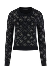 Czarny sweter z diamentowym wzorem i akcentami z logo, wykonany z dzianiny z prążkowanym ściągaczem na dole i przy mankietach dla lepszej struktury.