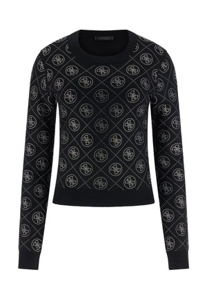 Czarny sweter z diamentowym wzorem i akcentami z logo, wykonany z dzianiny z prążkowanym ściągaczem na dole i przy mankietach dla lepszej struktury.