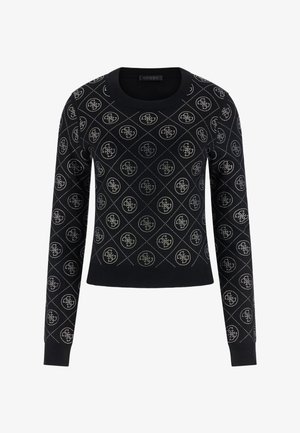 Schwarzer Pullover mit Diamantmuster und Logoakzenten, aus einem gestrickten Stoff gefertigt, mit geripptem Saum und Bündchen für Struktur.