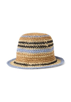 Szydełkowany kapelusz typu bucket z beżowymi, jasnoniebieskimi, czarnymi i kremowymi poziomymi pasami oraz lekko rozszerzanym rondem.