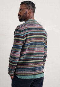 Suéter de rayas multicolores en diferentes tonos de azul, verde, rojo y amarillo. Textura de punto con cuello redondo y puños acanalados.