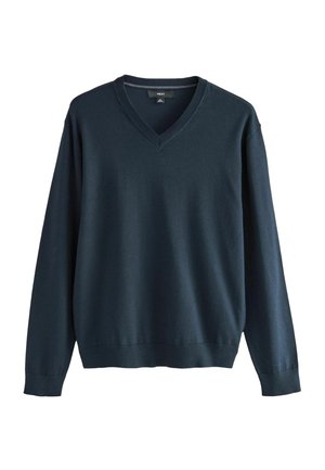 Mørkeblå langærmet V-hals sweater med ribbede manchetter og kant, præsenteret fladt mod en hvid baggrund.