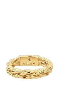 Goldfarbener Ring mit geflochtenem Design und glatter Oberfläche. Mit eingravierter Markenkennzeichnung in der ovalen Mitte.