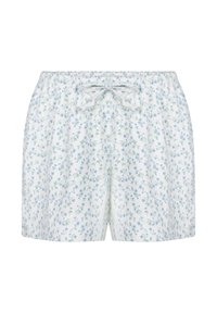 White shorts with small blue and green floral print, elastic waistband, and front drawstring tied in a bow.