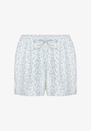 Witte shorts met een klein blauw en groen bloemmotief, een elastische tailleband en een aantrekkoord aan de voorkant in een strik.