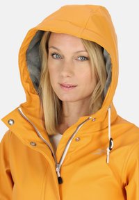 Bright orange waterproof jacket with a hood, featuring a gray lining, silver zipper, and drawstring accents. Smooth texture with snap details.