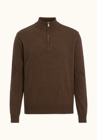 Brauner Pullover mit hohem Kragen und halbem Reißverschluss. Hergestellt aus weichem Stoff, hat er lange Ärmel sowie einen gerippten Saum und Bündchen.