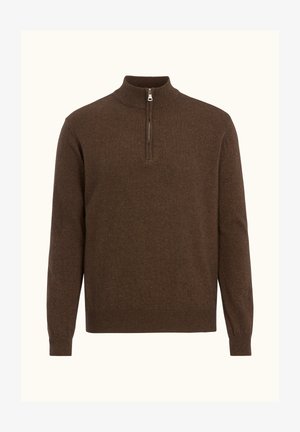 Maglione marrone con colletto alto e mezza zip. Realizzato in tessuto morbido, presenta maniche lunghe e orlo e polsini a costine.