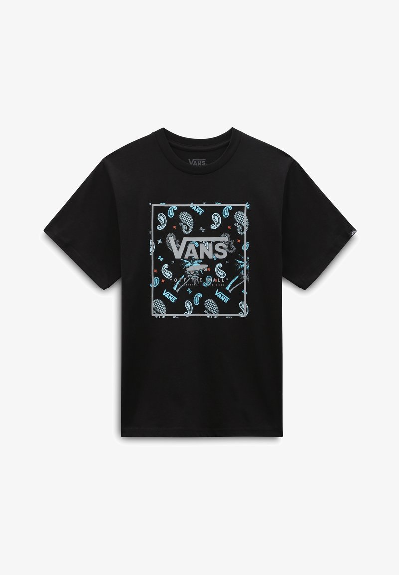 T-shirt Vans noir avec un design carré central présentant des motifs paisley bleus et blancs, des palmiers, et le texte "VANS Off The Wall".