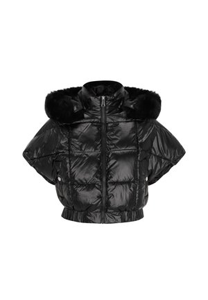 Černá prošívaná bunda s lesklým povrchem, oversized designem, zapínáním na zip a kapucí s umělým kožíškem. Má elastický pas a široké rukávy.