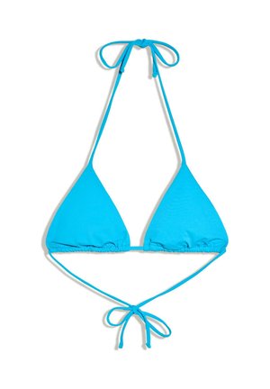 Top de bikini triunghiular de culoare albastru deschis, cu legături reglabile în jurul gâtului și spatelui, pe un fundal alb.