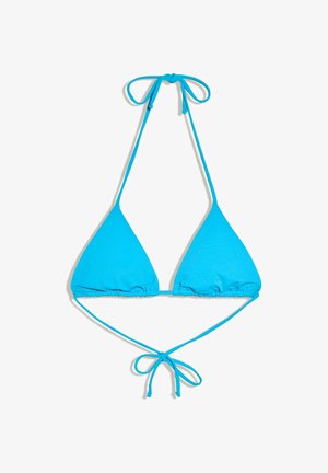 Top de bikini triunghiular de culoare albastru deschis, cu legături reglabile în jurul gâtului și spatelui, pe un fundal alb.