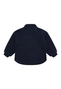 Dunkelblaues Fleece-Jackett mit hohem Kragen, gesenkten Schultern und gerippten Bündchen. Glatte Textur und ein lässiges, oversized Design.