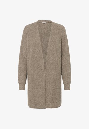 Cardigan en tricot beige avec un long devant ouvert, des épaules tombantes et des poignets côtelés. Texture douce et coupe décontractée, idéale pour le superposition.