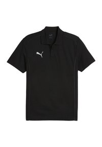 Zwarte polo met een subtiele grijze stiksel detail, voorzien van een wit Puma-logo op de linkerkant van de borst. Klassiek kraagontwerp.