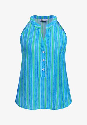 Top senza maniche con scollo all'americana a righe verticali verdi, blu e bianche, con scollo spaccato e tre bottoni bianchi sul davanti.