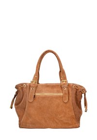 Borsa a tracolla in morbido camoscio marrone con accessori dorati, doppi manici, tasca esterna con cerniera e texture arricciata sui lati. Design spazioso e strutturato.