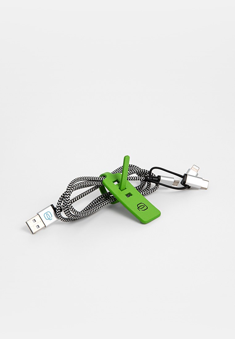 Groene USB-kabelorganizer met zwart-witte gevlochten textuur; beschikt over een plat ontwerp en meerdere connectors aan één uiteinde.