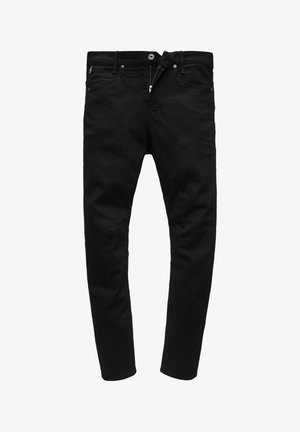 Fekete farmernadrág slim fit fazonnal, cipzáras záródással, öt zsebbel és diszkrét textúrázott felülettel. Erősített varrás a térdnél.