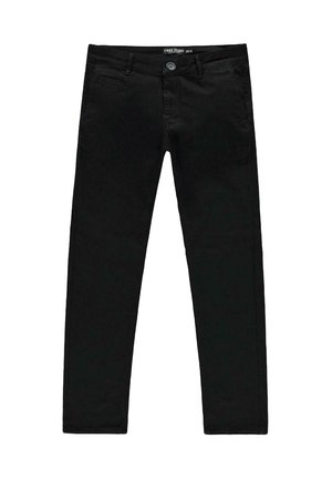Zwarte katoen jeans met een slim fit, voorzien van een vijf-pocket ontwerp, een knoopsluiting en subtiele stikdetails. Vloeiende textuur.