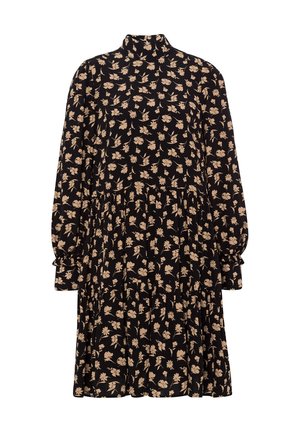 Robe noire à manches longues avec motif floral beige, col montant, taille froncée et manches légèrement bouffantes avec poignets boutonnés.