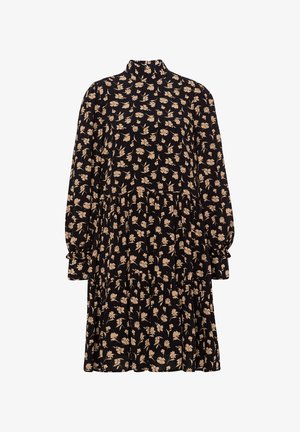 Robe noire à manches longues avec motif floral beige, col montant, taille froncée et manches légèrement bouffantes avec poignets boutonnés.