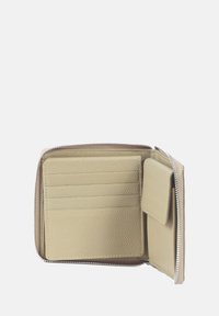 Beige leather wallet with zip closure, six card slots, and a side flap pocket. Textured surface, minimalist design, and subtle stitching detail.