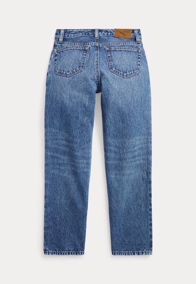 Μπλε τζιν από denim με ίσια μπατζάκια, δύο πίσω τσέπες, θηλιές για ζώνη και καφέ δερμάτινο λογότυπο στη μέση.