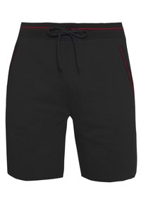 Shorts noirs en coton au toucher lisse. Dotés d'une taille à cordon de serrage, de deux poches latérales avec des accents rouges. Design simple.