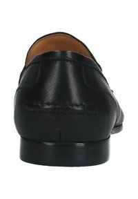 Black leather shoe, smooth texture, low heel, stitching detail on the back, interior in brown leather. Classic loafer design.