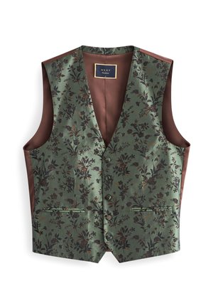 Grüner Weste mit Blumenmuster und brauner Satin-Innenausstattung; verfügt über fünf vordere Knöpfe und zwei Seitentaschen, strukturierter Stoff.