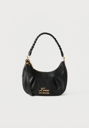 Black Love Moschino handbag with braided handle, gold zipper, and gold "Love Moschino" logo on front against white background.
